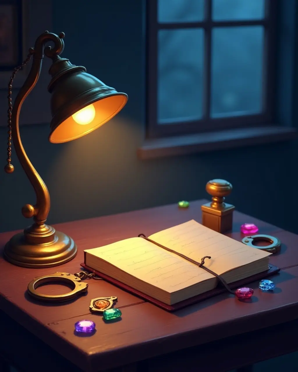 Detective case file with magnifying glass and gems