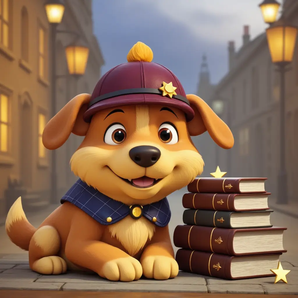 Detective dog with case files and star badges
