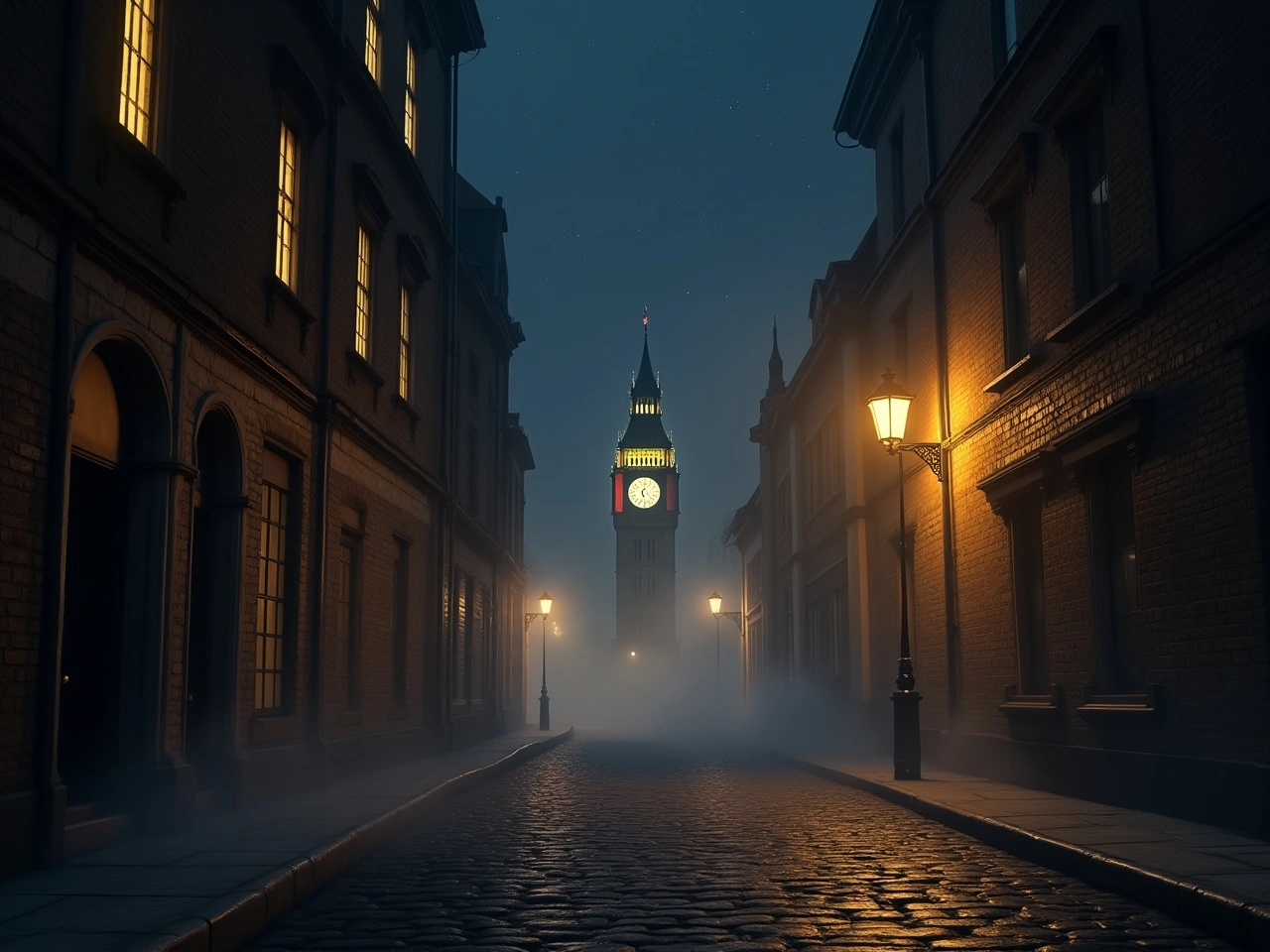 Night street of Victorian London with gaslamp and Big Ben